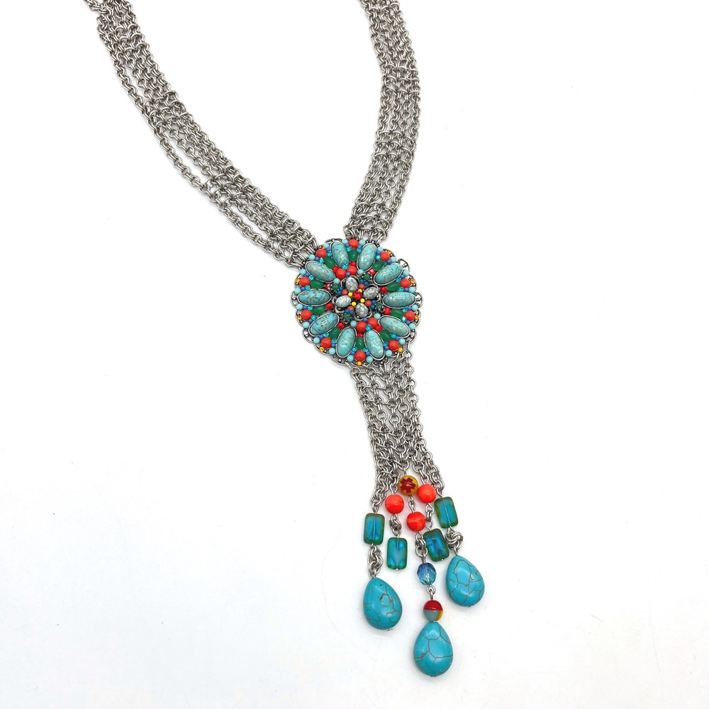 Faith Silver Tone Multi Strand Boho Medallion Turquoise Style Fringe Necklace